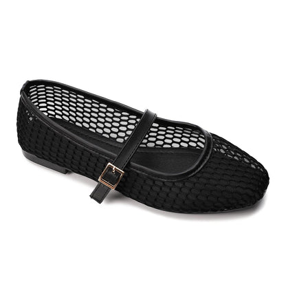 Black Mesh Flat Shoes with Front Buckle