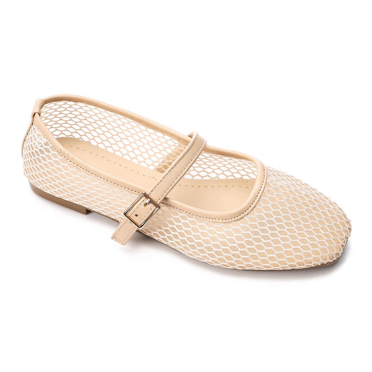 Beige Mesh Flat Shoes with Front Buckle