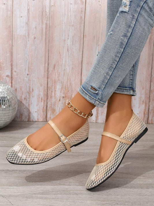 Beige Mesh Flat Shoes with Front Buckle