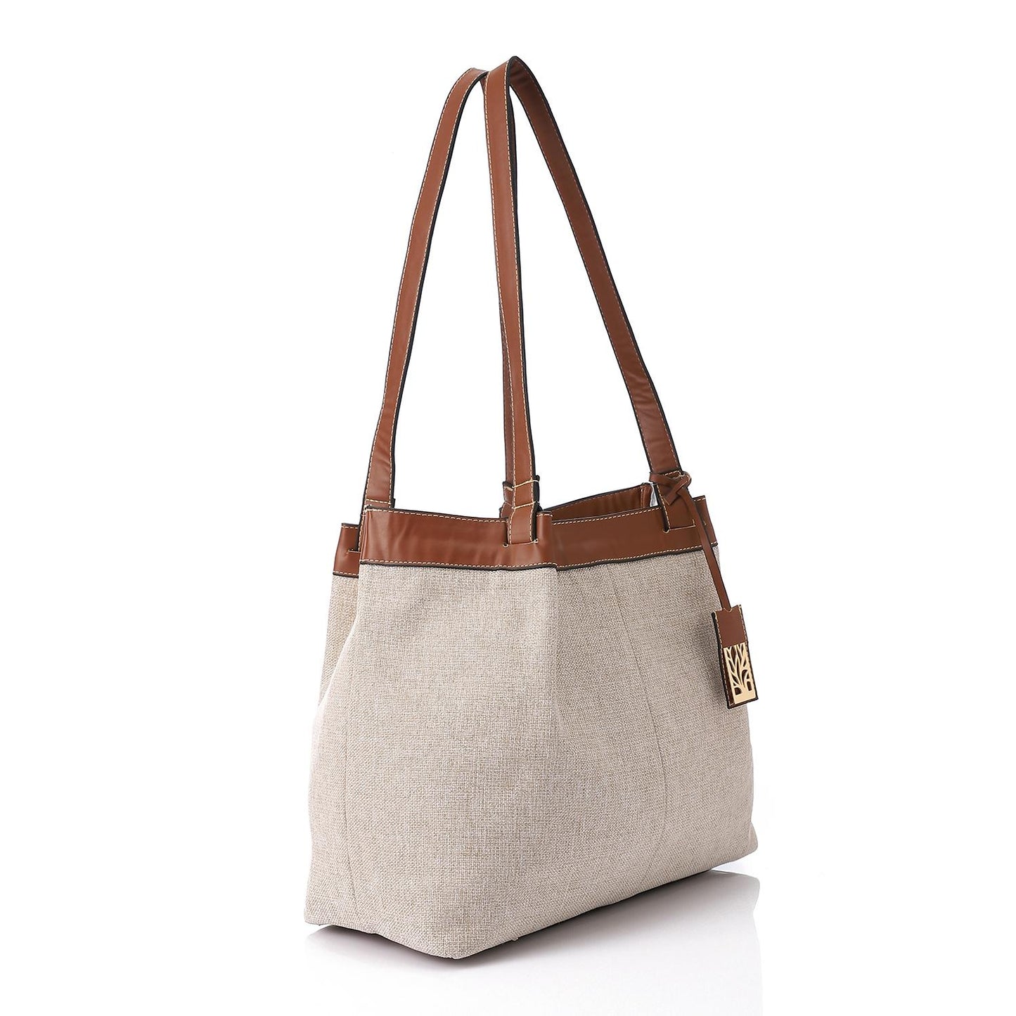 Beige & Havana Linen Shoulder Bag