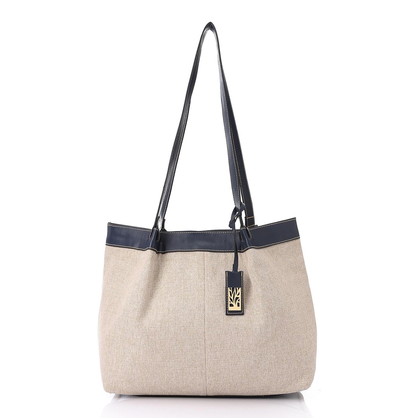 Beige & Navy Linen Shoulder Bag