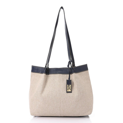 Beige & Navy Linen Shoulder Bag