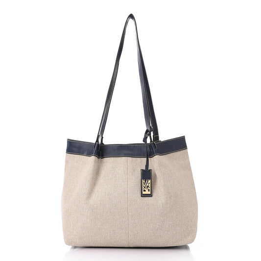 Beige & Navy Linen Shoulder Bag