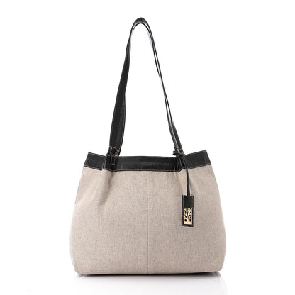 Beige & Black Linen Shoulder Bag