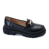 Black Chunky Heel Loafer Shoes