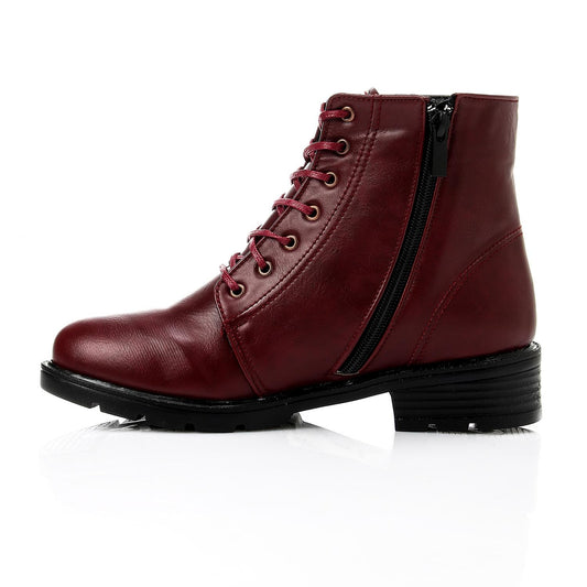 جزمة كاحل عادية بلون بورغوندي مع رباط