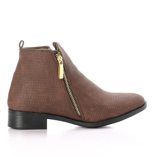 Brown Textured Leather Ankle Boot