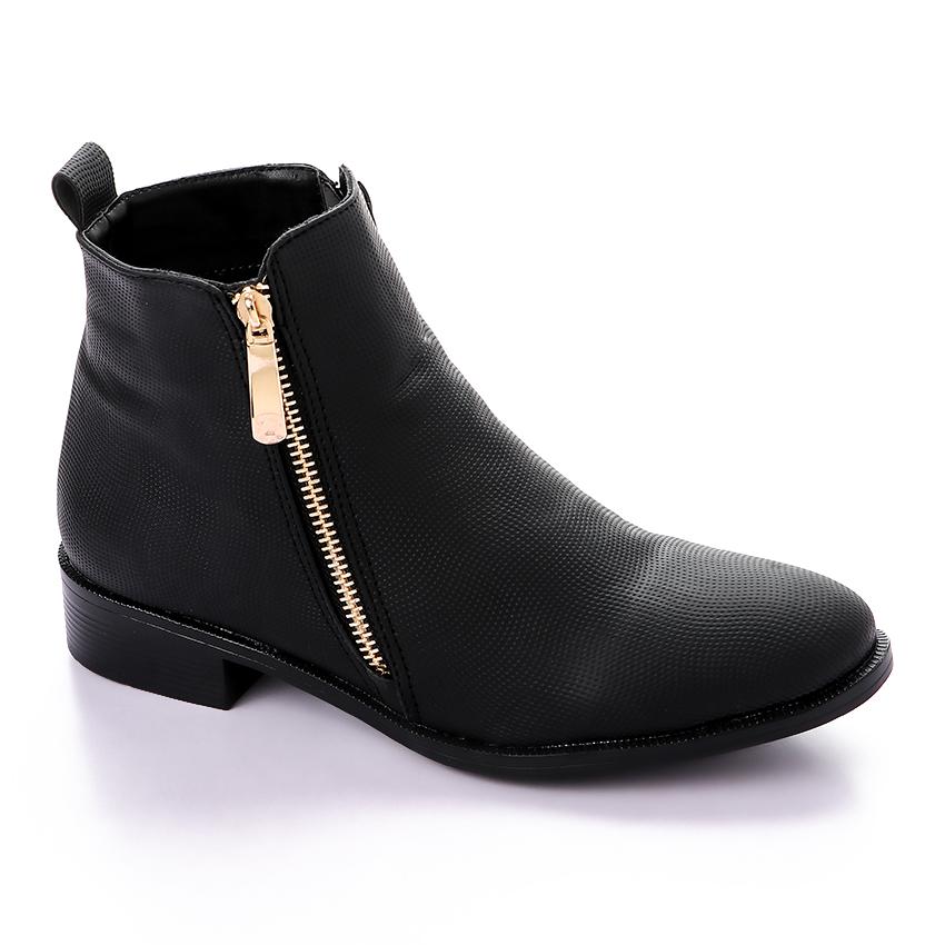 Black Textured Leather Ankle Boot