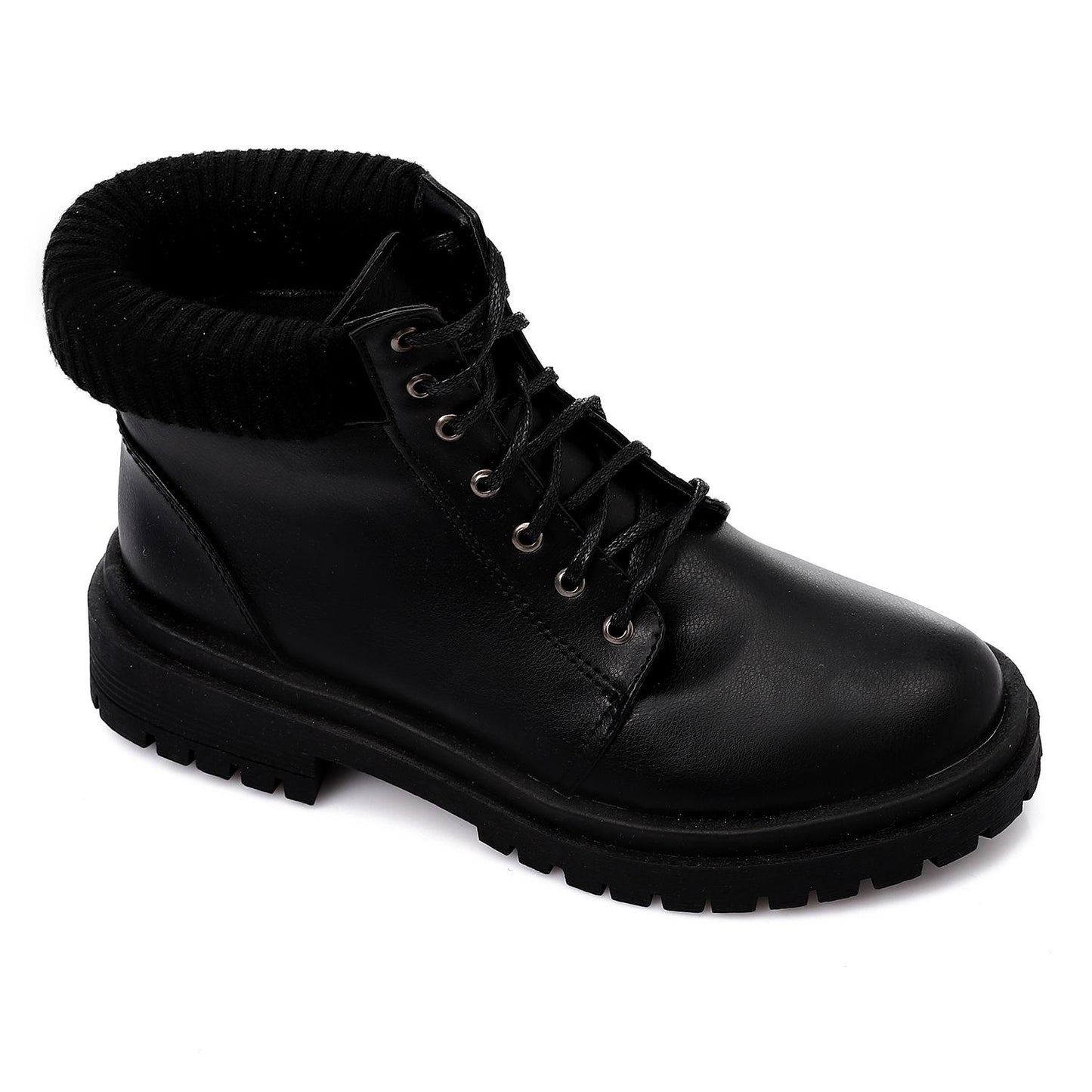 Black Wool Neck Leather Ankle Boot