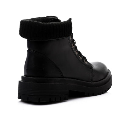 Black Wool Neck Leather Ankle Boot