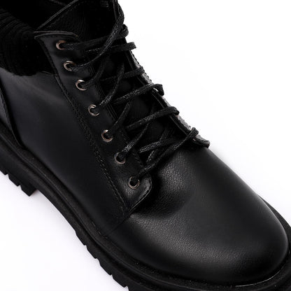 Black Wool Neck Leather Ankle Boot