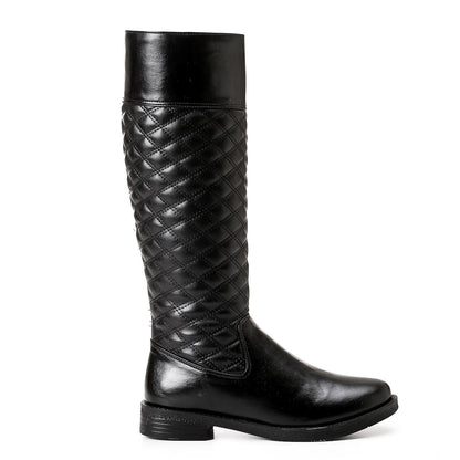 Black Stitched Leather Knee High Boot