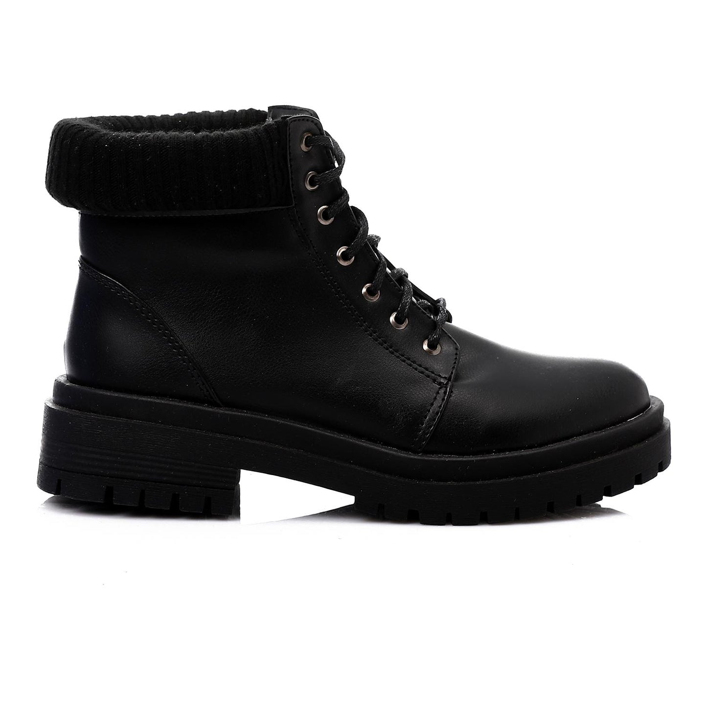 Leather Boot with Ribbed Knit Collar
