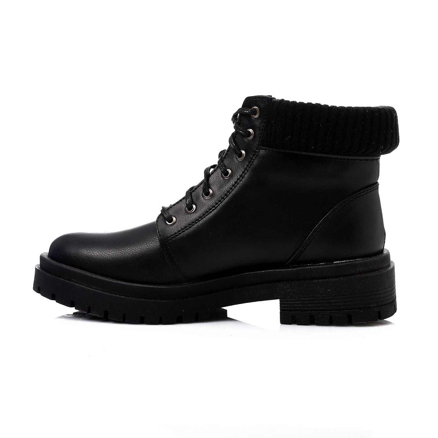 Leather Boot with Ribbed Knit Collar