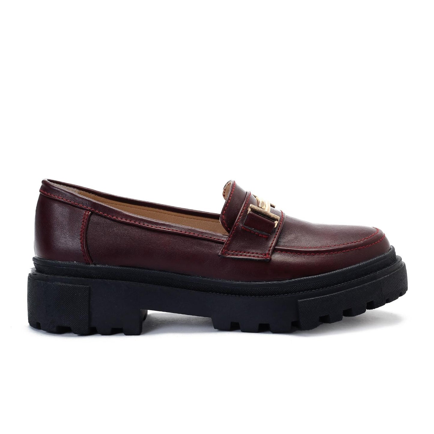 Burgundy Chunky Heel Loafer Shoes