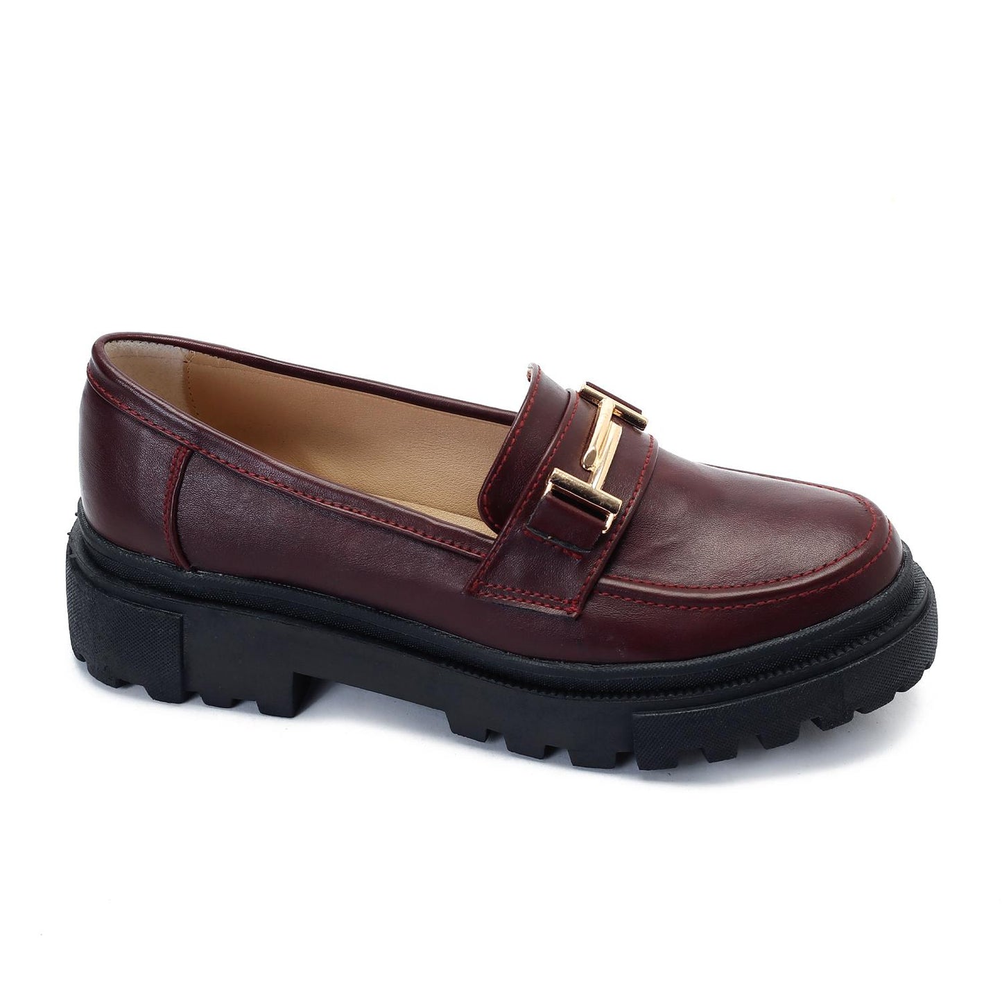 Burgundy Chunky Heel Loafer Shoes