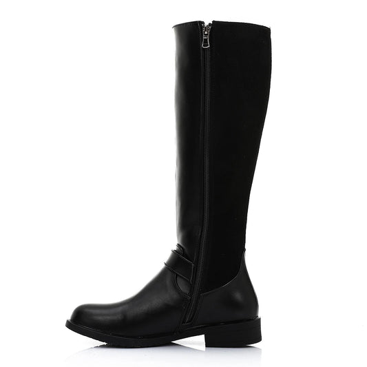 Black Decorative Buckle Knee High Boot