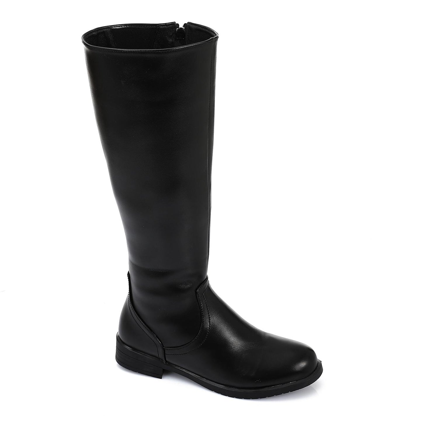 Black Plain Leather Knee High Boot