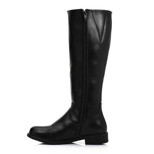 Black Plain Leather Knee High Boot