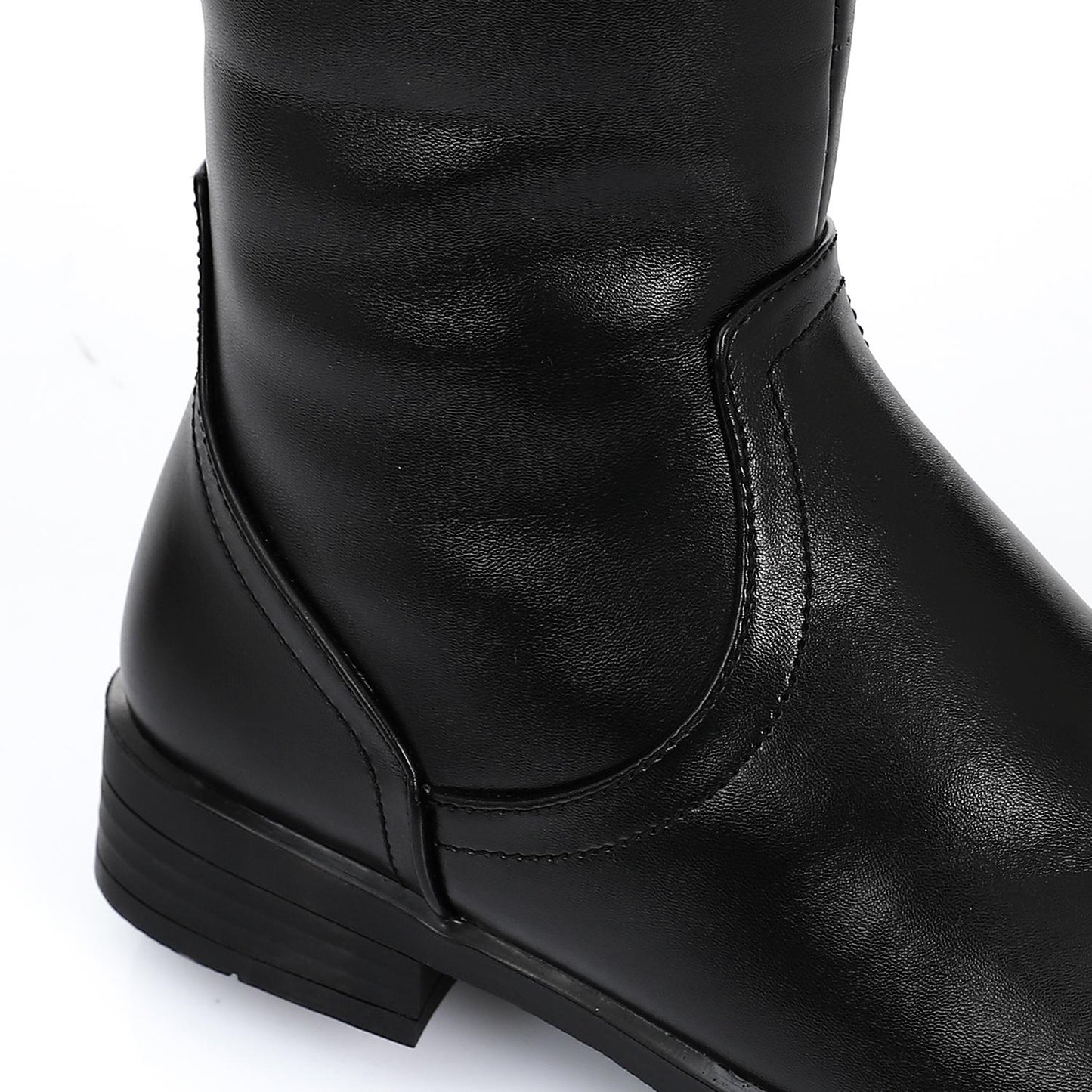 Black Plain Leather Knee High Boot