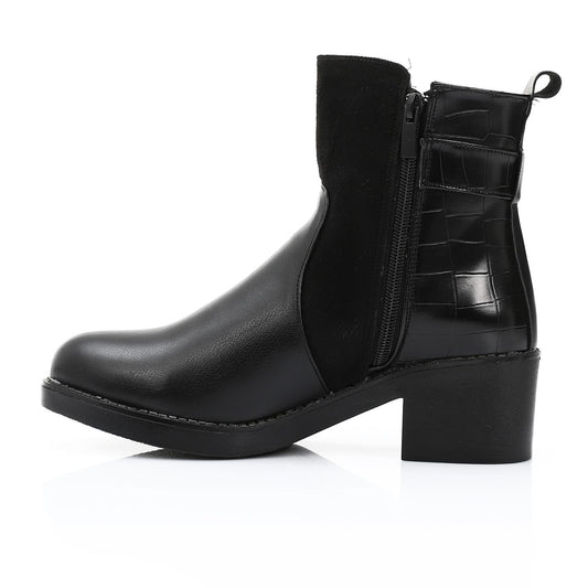 Black Decorative Buckle Ankle Boot