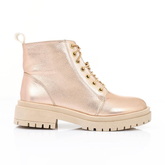 Gold Stylish Zip-up Ankle Boot with Lace-up