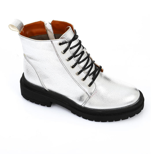 Silver Chunky Heel Ankle Boot