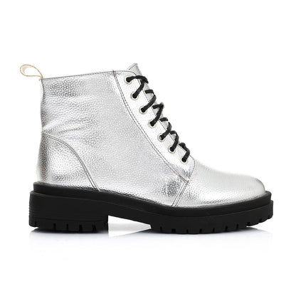 Silver Chunky Heel Ankle Boot