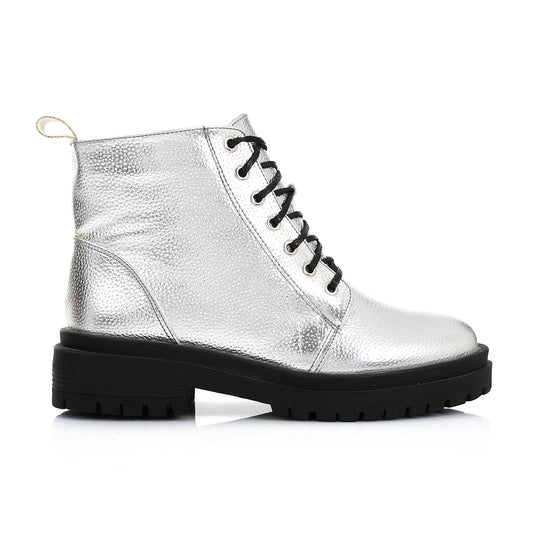 Silver Chunky Heel Ankle Boot