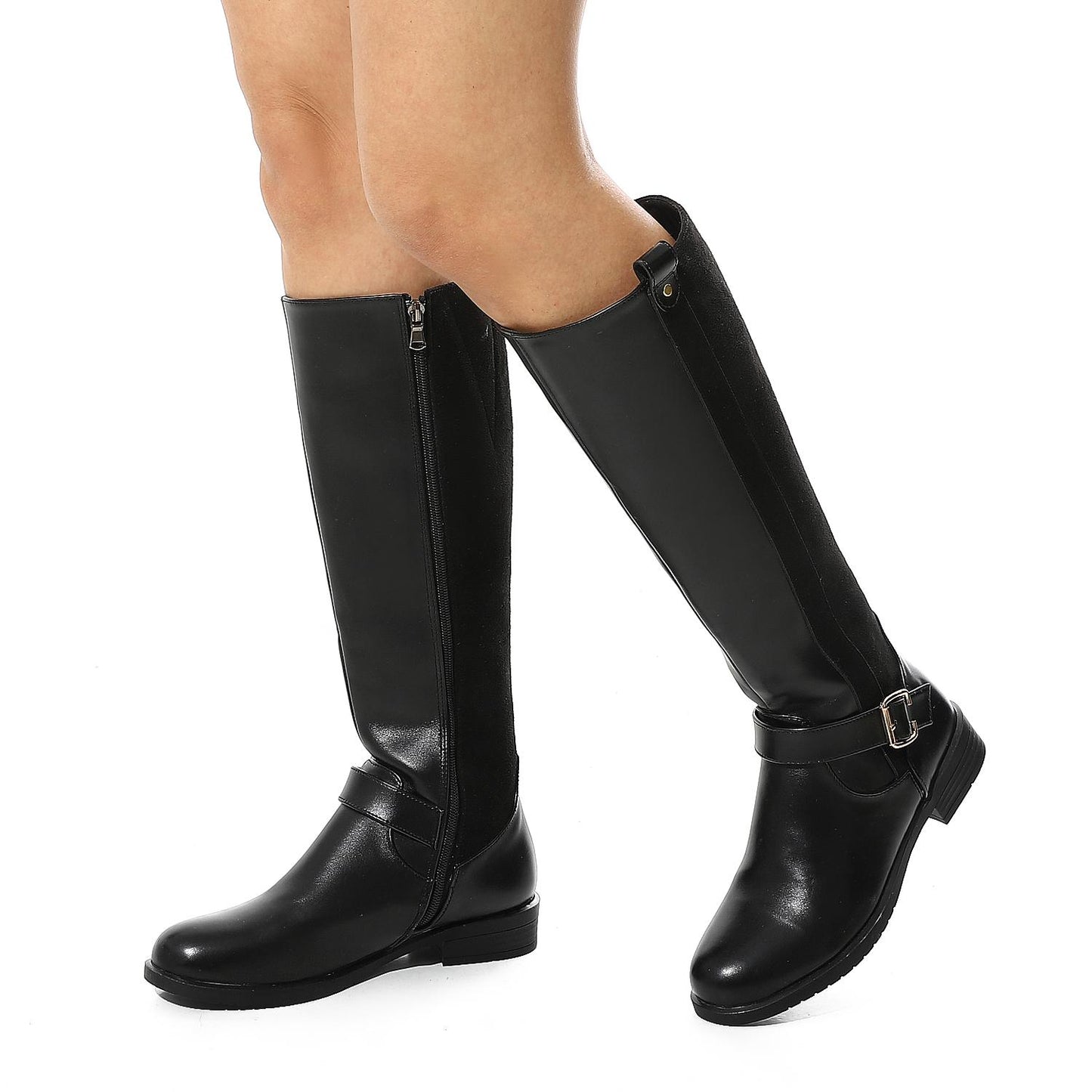 Black Decorative Buckle Knee High Boot