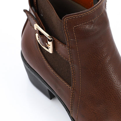 Brown Solid Leather Ankle Boot