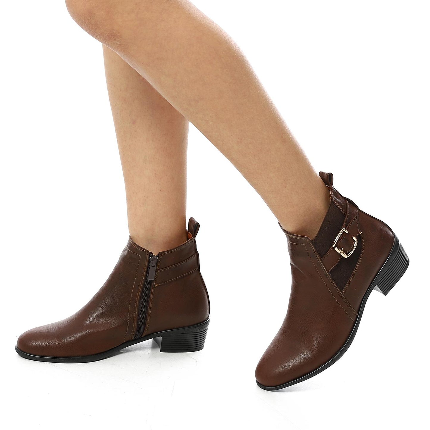 Brown Solid Leather Ankle Boot