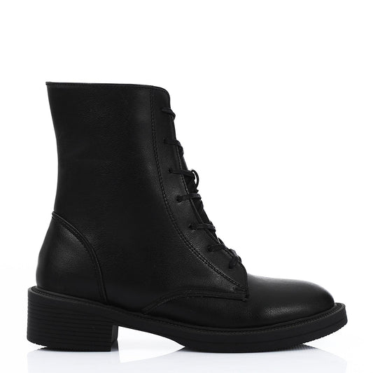 Black Lace-up Half Boot with Side Zipper