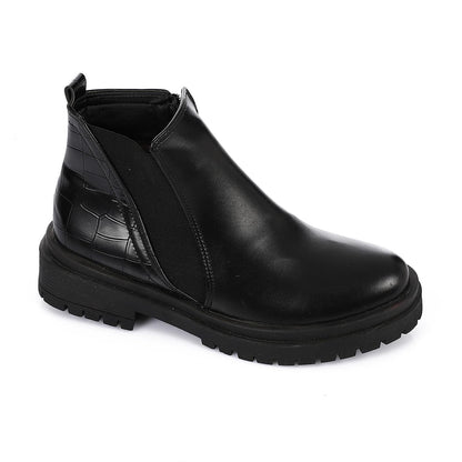 Black Side Elastic Leather Ankle Boot