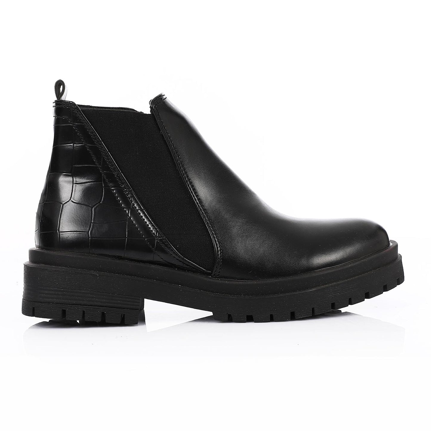 Black Side Elastic Leather Ankle Boot