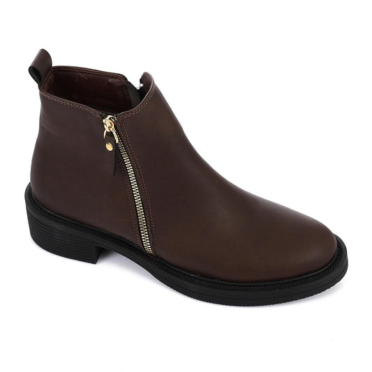 Brown Side Golden Zipper Ankle Boot