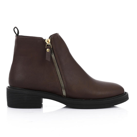 Brown Side Golden Zipper Ankle Boot