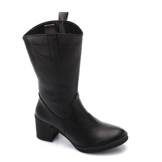 Black Half Zip Mid-Calf Boot