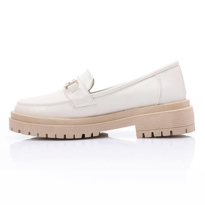 White Golden Detail Chunky Heel Loafer