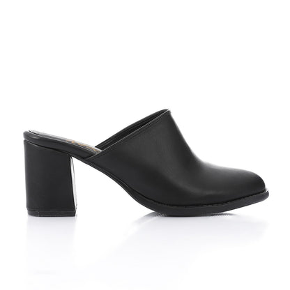 Black Solid Heeled Mules