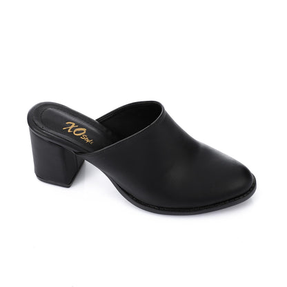 Black Solid Heeled Mules