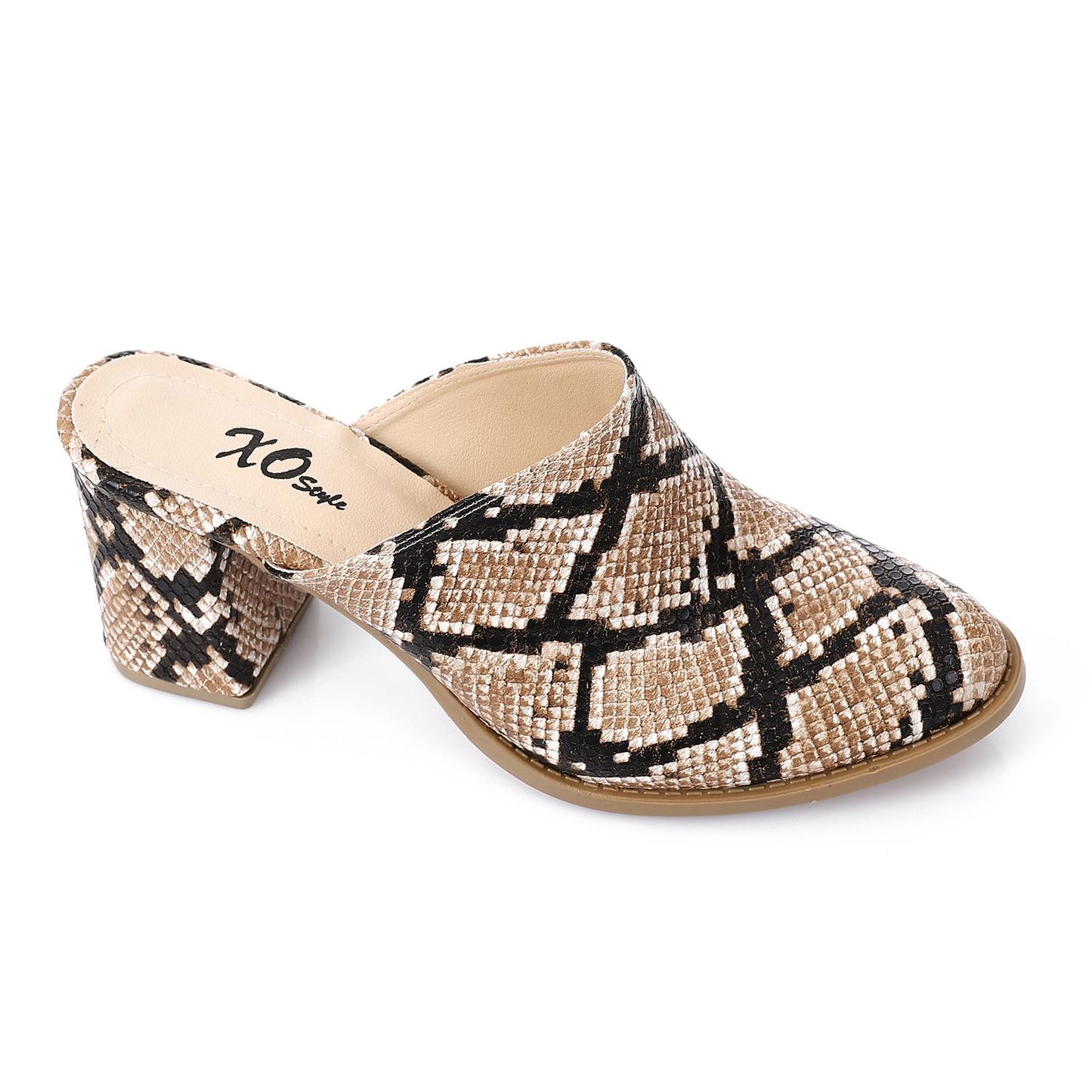 Beige Self-Printed Leather Heeled Mules