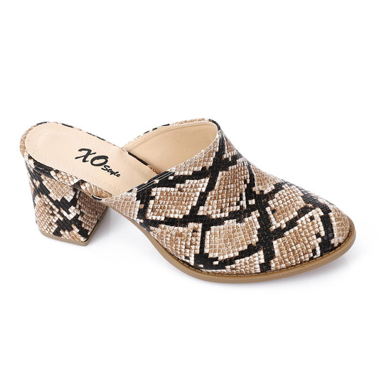 Beige Self-Printed Leather Heeled Mules