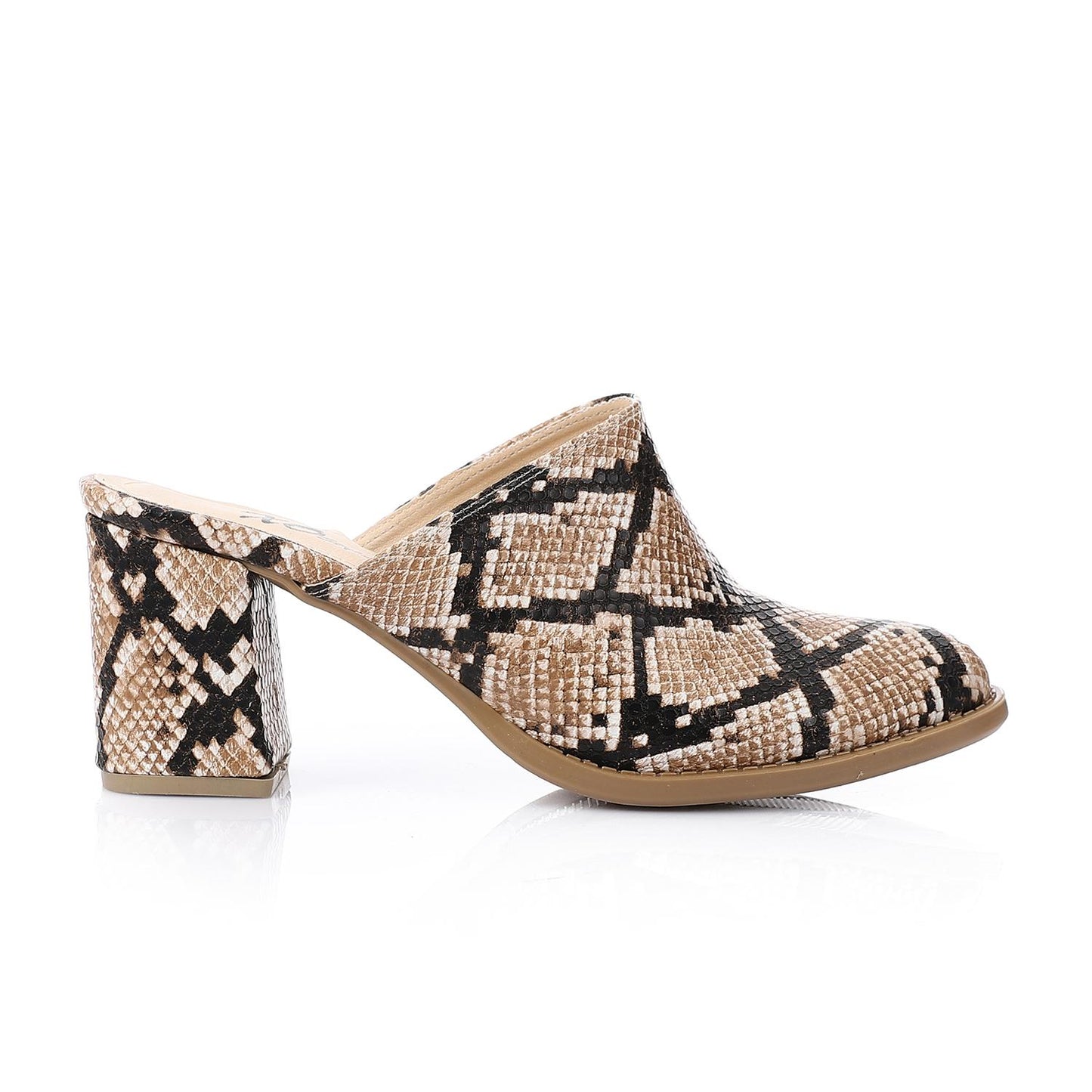 Beige Self-Printed Leather Heeled Mules