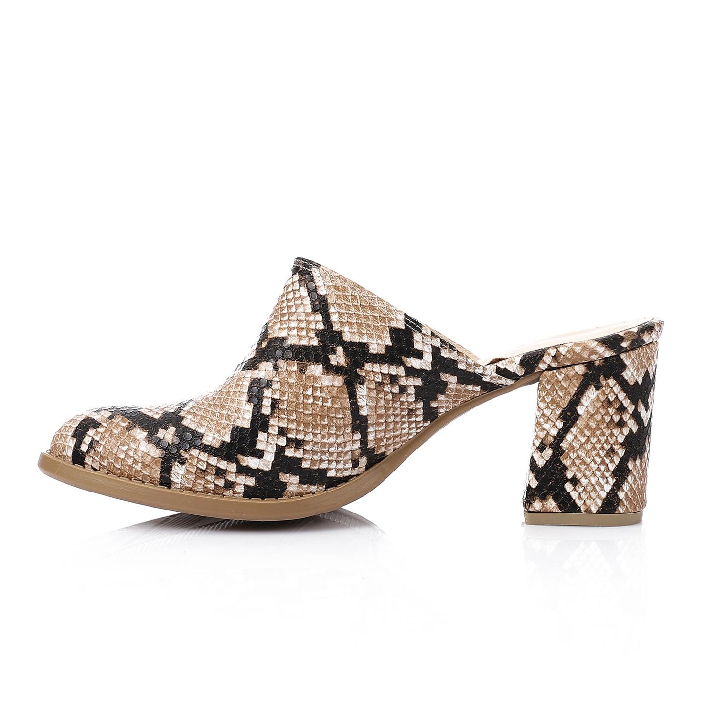 Beige Self-Printed Leather Heeled Mules