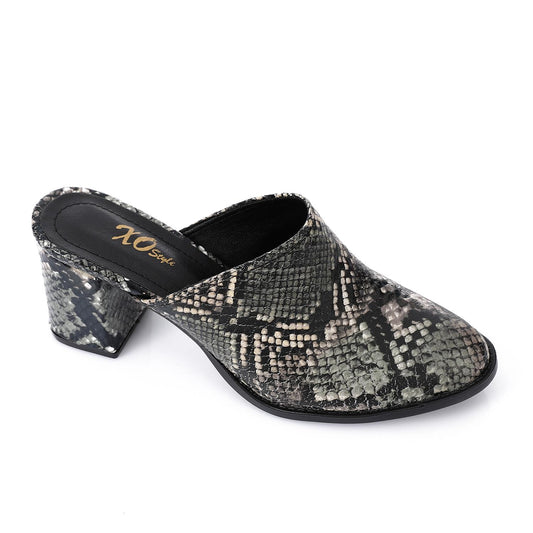 Black Self-Printed Leather Heeled Mules
