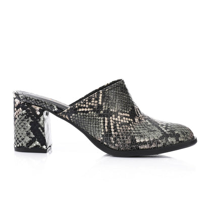 Black Self-Printed Leather Heeled Mules