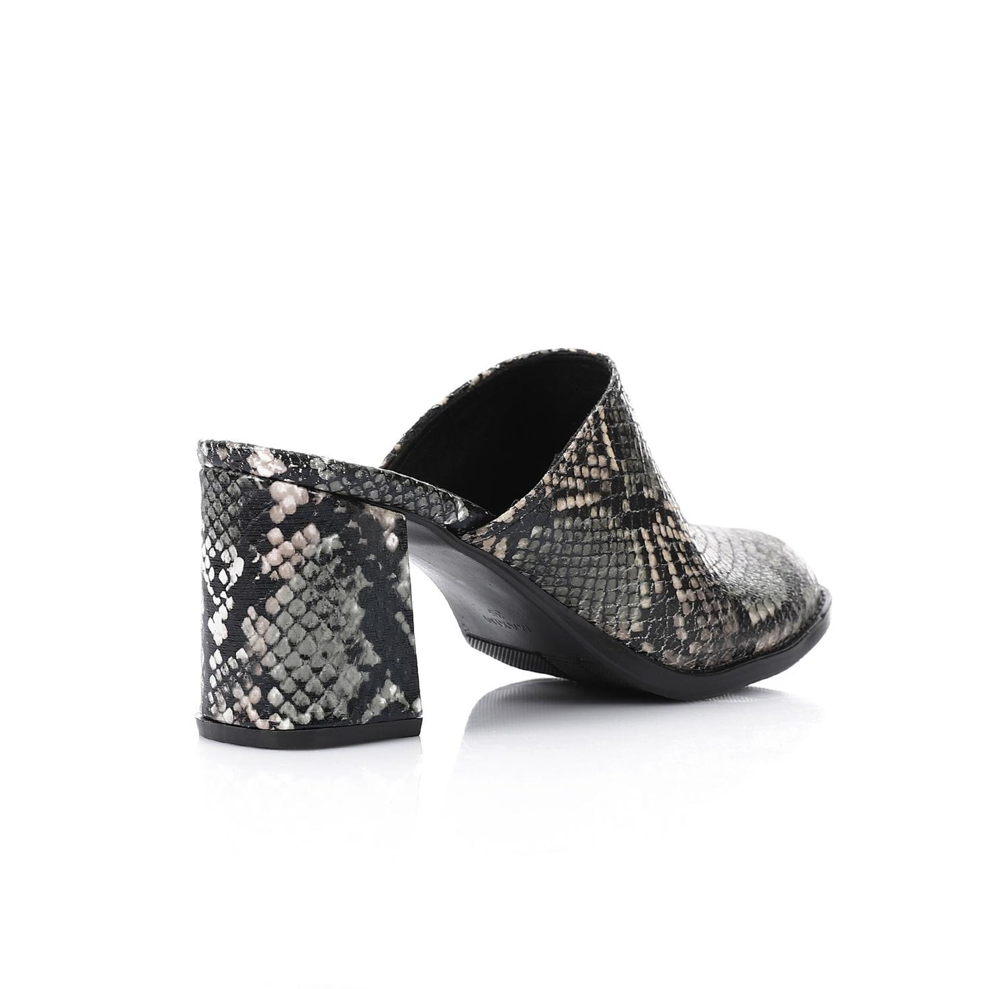 Black Self-Printed Leather Heeled Mules