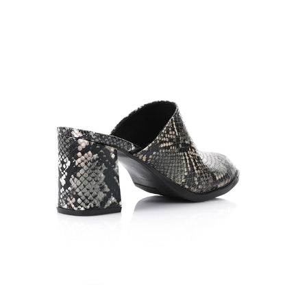 Black Self-Printed Leather Heeled Mules
