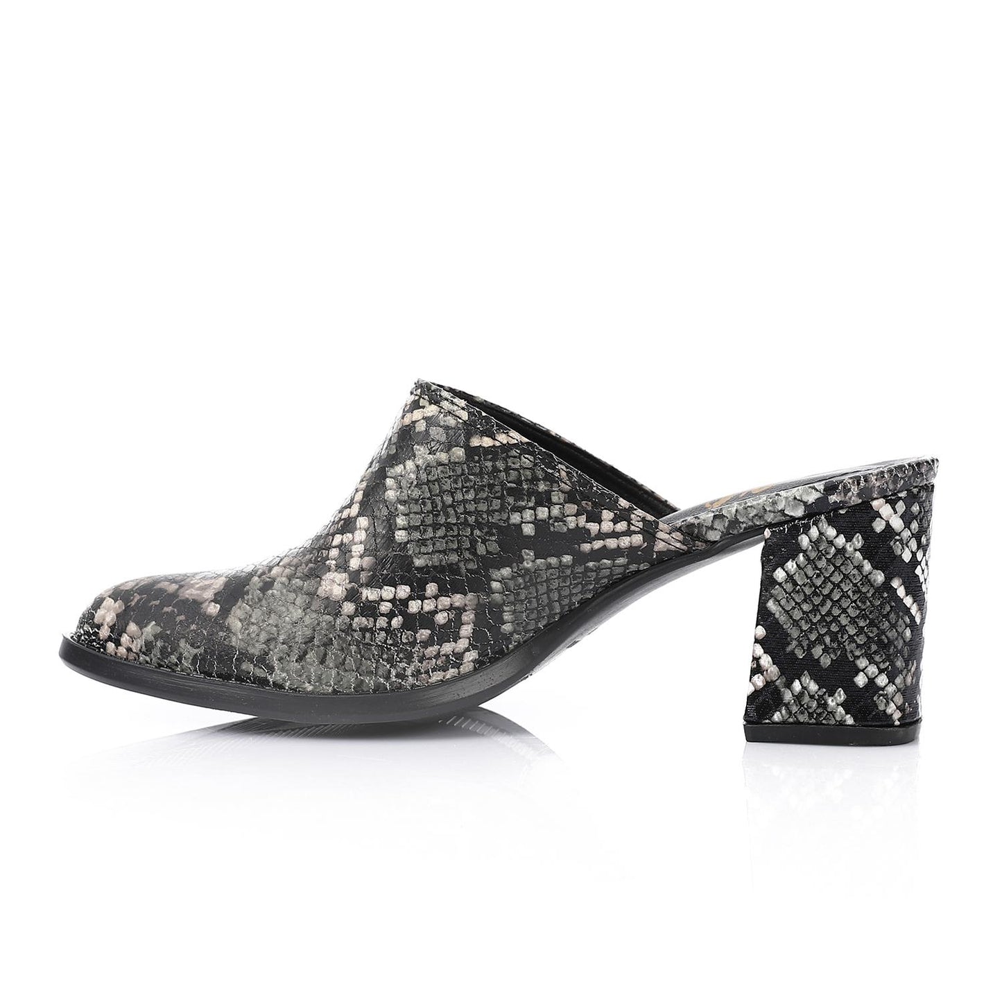 Black Self-Printed Leather Heeled Mules
